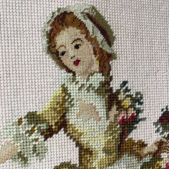 Framed Needlepoint Petitpoint Gobelin French Country Lady Bouquet Flowers Bosom - Picture 2 of 8